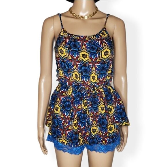 Love by Chesley blue yellow and brown mini romper - Picture 1 of 10